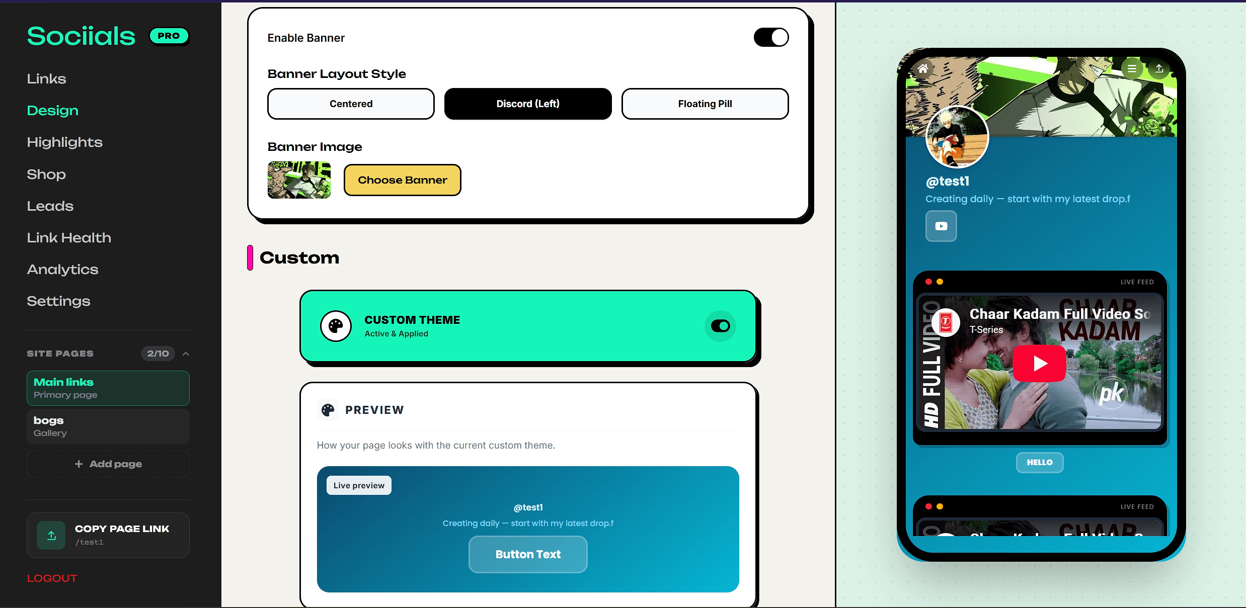 Sociials design editor with banner and theme controls