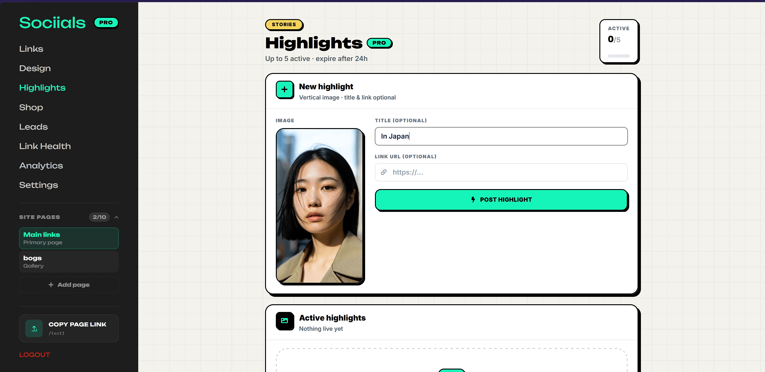Sociials admin Highlights editor