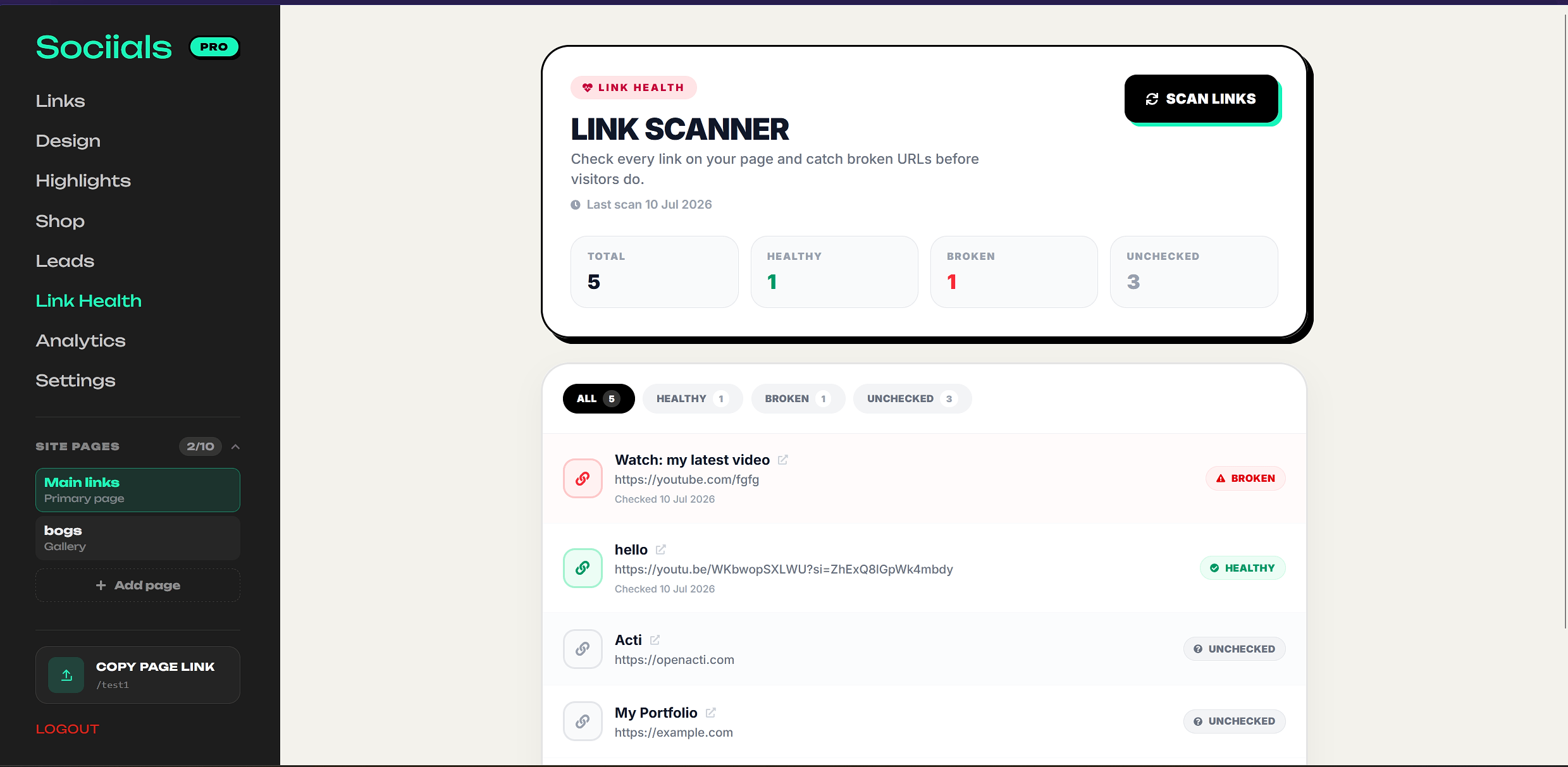 Sociials Link Health scanner