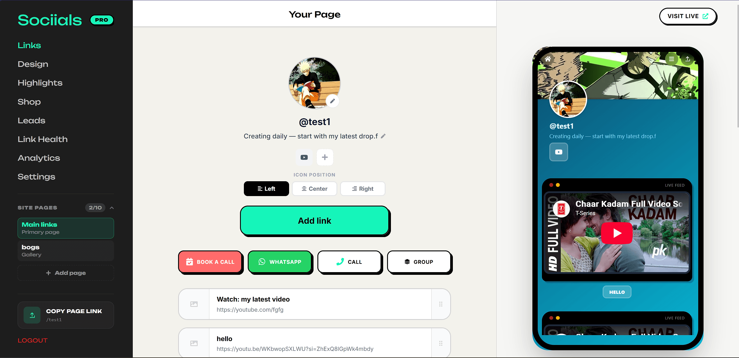 Sociials admin link editor with live mobile preview