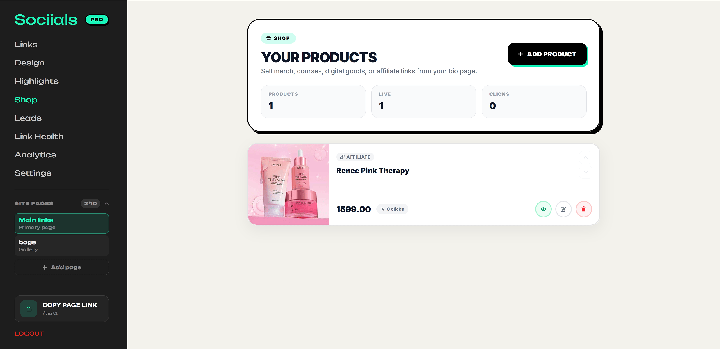 Sociials shop admin with product cards